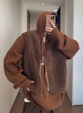 dannyandzee秋冬复古咖啡色棕色两面穿保暖云朵毛绒厚马甲背心男