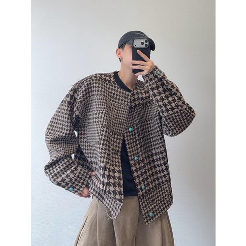dannyandzee 9月28日上午十点 毛边千鸟格呢料绿松石扣工装夹克