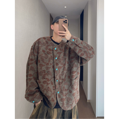 dannyandzee春季复古腰果花绿松石扣撞色提花无领呢料夹克外套男