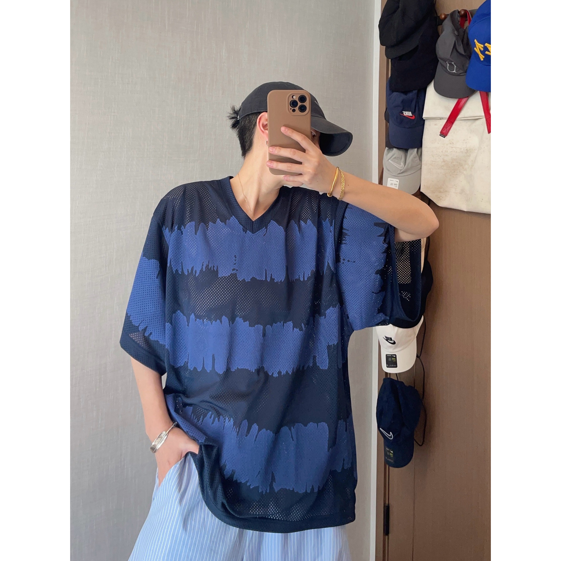 dannyandzee夏季藏青色宽松涂鸦扎染风格V领网眼镂空短袖T恤男INS