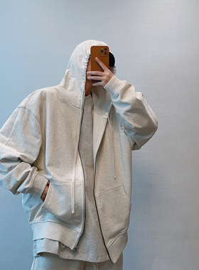 dannyandzee秋季百搭宽松落肩330g毛圈棉连帽纯色开衫拉链卫衣男