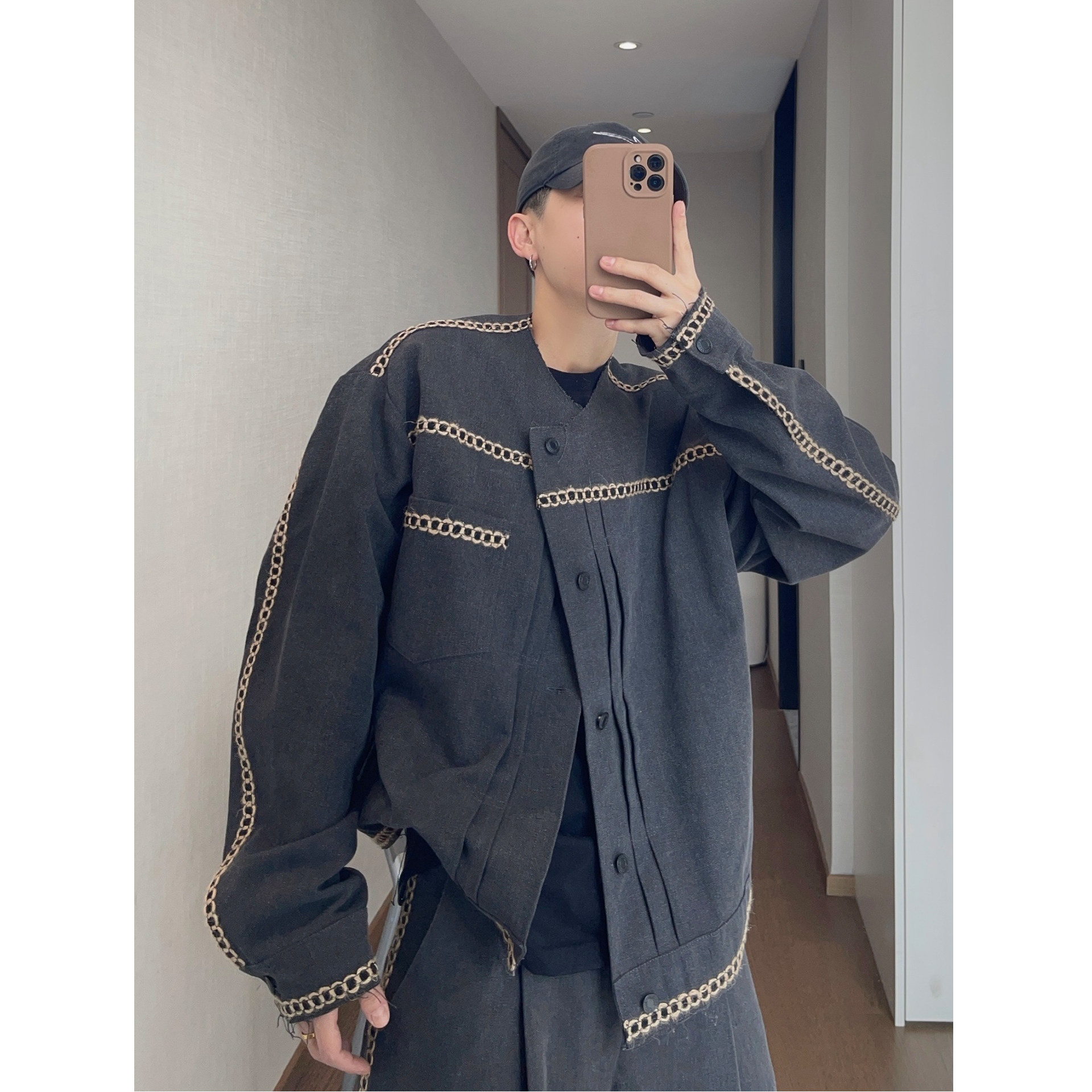dannyandzee春夏挺阔风格珠帆布宽松无领毛边织带工装夹克外套男