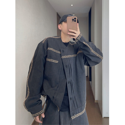 dannyandzee春夏挺阔风格珠帆布宽松无领毛边织带工装夹克外套男