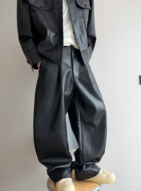 dannyandzee秋季复古百搭纯色宽松保暖防风PU皮直筒休闲裤男长裤