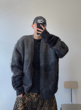 dannyandzee秋冬复古百搭宽松黑灰渐变长毛款拉毛开衫毛衣外套男