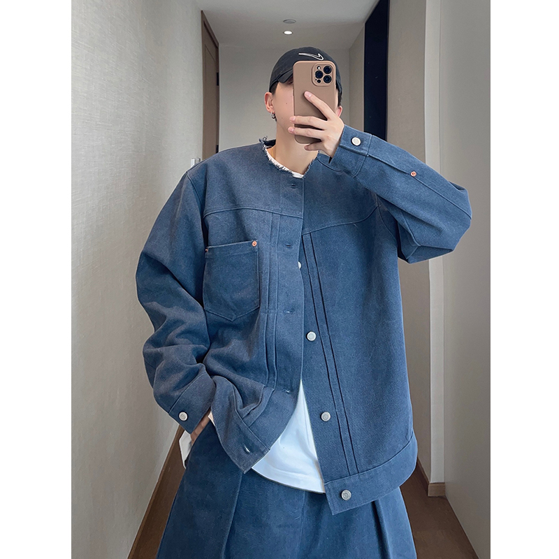dannyandzee秋季复古480g重磅无领牛仔蓝色毛边工装夹克外套男INS