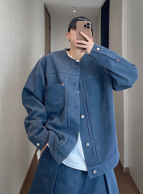 dannyandzee秋季复古480g重磅无领牛仔蓝色毛边工装夹克外套男INS