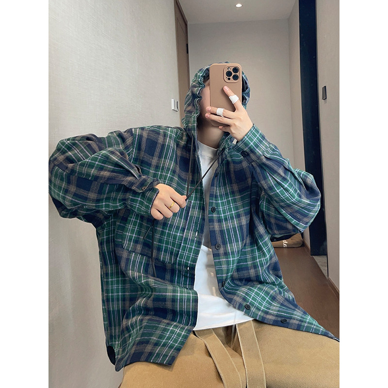 dannyandzee秋季复古百搭蓝绿色格子连帽宽松衬衫款夹克外套男INS
