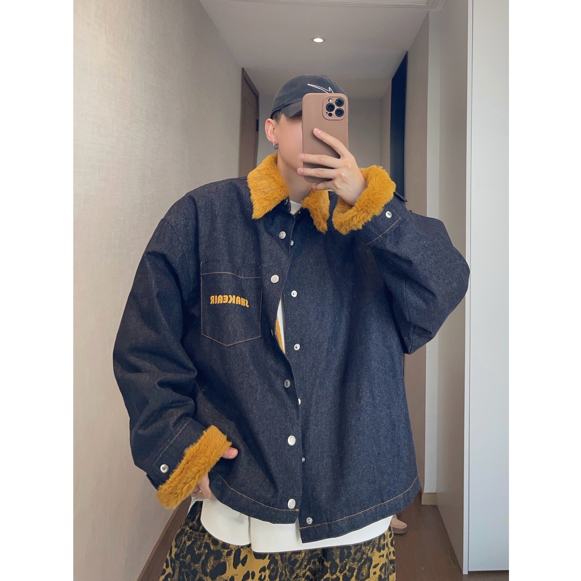 dannyandzee秋冬复古姜黄色仿兔毛保暖两面穿牛仔厚夹克外套男INS