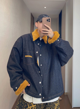 dannyandzee秋冬复古姜黄色仿兔毛保暖两面穿牛仔厚夹克外套男INS