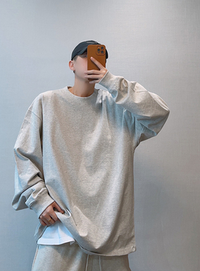 dannyandzee秋季潮牌百搭纯色235g棉二本针圆领长袖T恤男打底衫