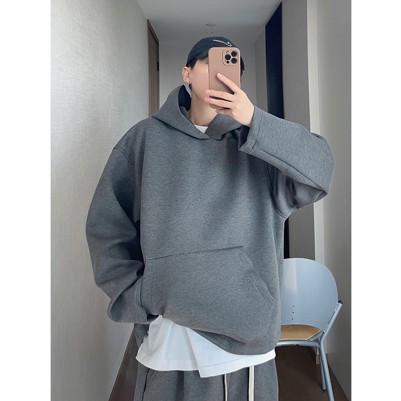 dannyandzee秋季复古宽松百搭纯色落肩廓形空气层连帽卫衣男帽衫