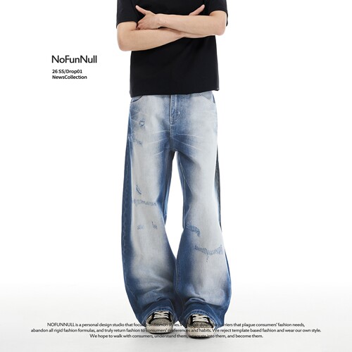 NOFUNNULL高街闪电蓝磨破牛仔裤