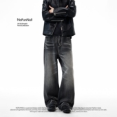 美式 复古黑灰色牛仔裤 春季 NOFUNNULL 男水洗立体猫须宽松直筒长裤