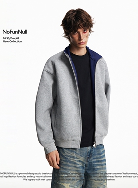 NOFUNNULL 美式复古立领双色开衫卫衣男女春季430g重磅双拉链外套