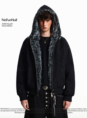 NOFUNNULL 美式加厚座山雕毛领连帽棉服男女冬季复古boxy廓形外套