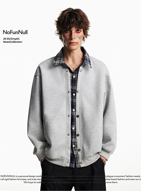NOFUNNULL 美式设计感格纹拼接翻领卫衣春季男假两件宽松开衫外套