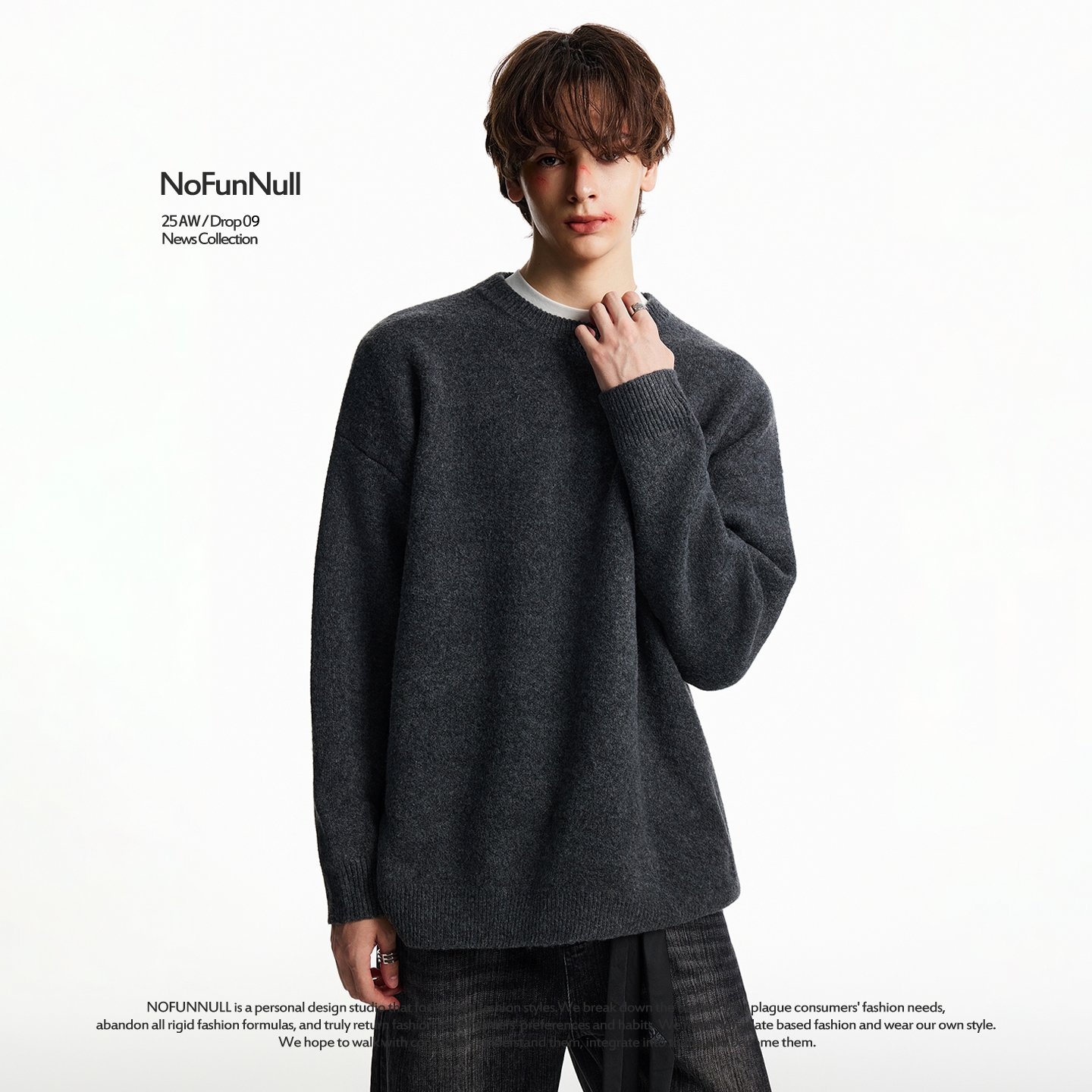 NOFUNNULL美式纯色圆领套头毛衣