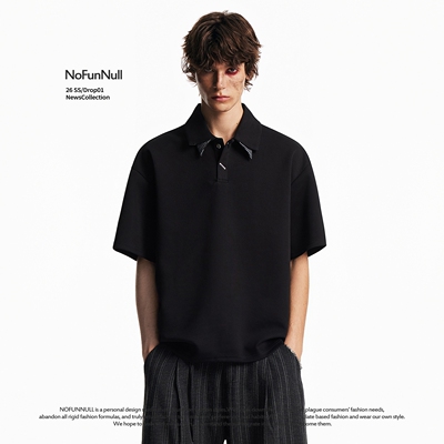 NOFUNNULL格纹拼接双层领短袖T恤