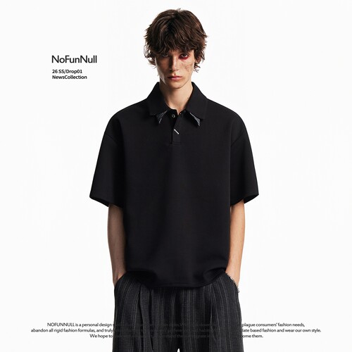 NOFUNNULL格纹拼接双层领短袖T恤