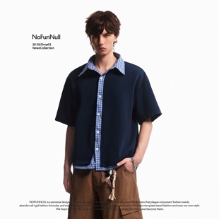 NOFUNNULL休闲假两件拼接短袖 男蓝白格纹领摆设计宽松上衣 T恤夏季
