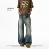 NOFUNNULL 男宽松阔腿垂坠直筒弯刀裤 美式 复古cleanfit水洗牛仔裤