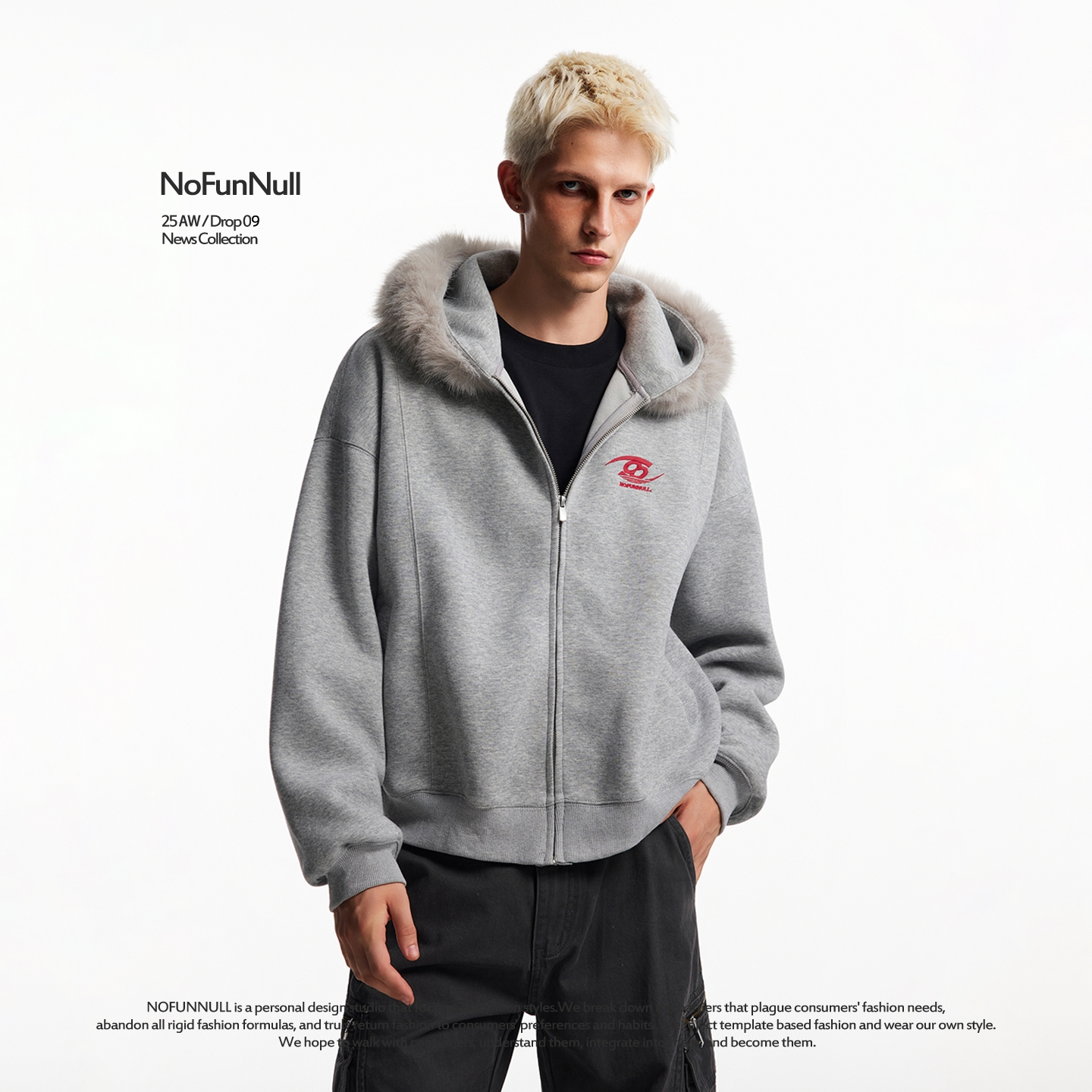 NOFUNNULL400g毛领开衫连帽卫衣