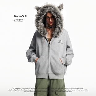 NOFUNNULL 25AW狼耳毛绒大毛领连帽加绒卫衣男秋冬Cleanfit外套女