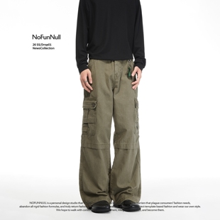 男春季 NOFUNNULL 美潮高街vibe枯绿色多口袋工装 裤 结构宽松休闲裤