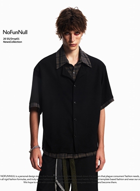 NOFUNNULL 美式假两件老钱风短袖衬衫夏季男女设计感格纹拼接衬衣