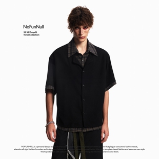 衬衫 NOFUNNULL 美式 假两件老钱风短袖 男女设计感格纹拼接衬衣 夏季