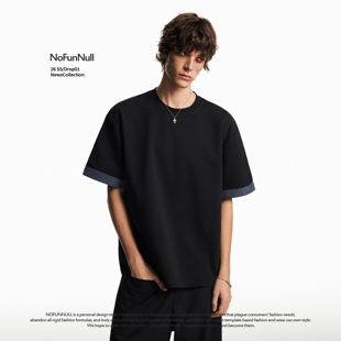 NOFUNNULL美式 口拼接格纹短袖 T恤男女夏季 假两件设计感上衣 复古袖