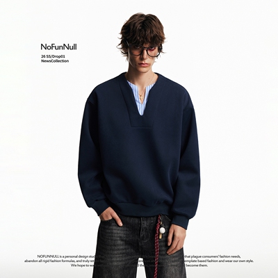 NOFUNNULL美式假两件v领条纹卫衣