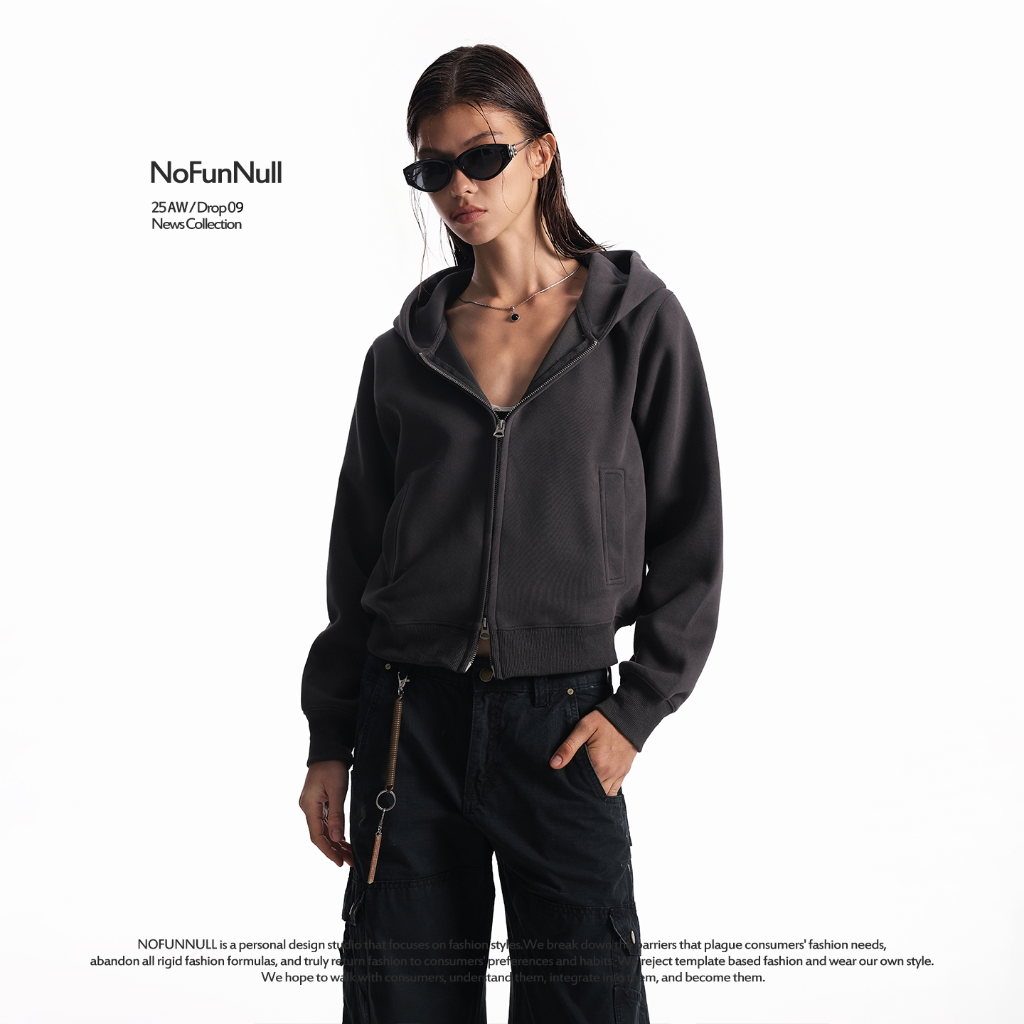 NOFUNNULL美式复古短款连帽卫衣