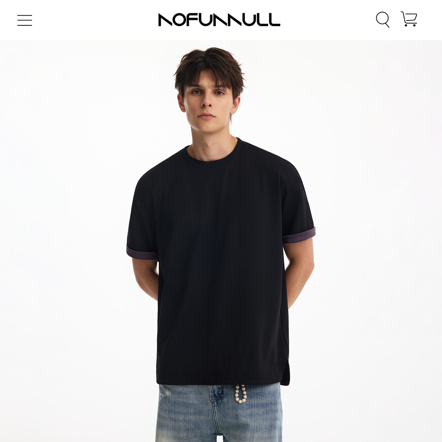 NOFUNNULL美式莫代尔凉感高智小领口短袖t恤男女夏季翻边双色设计