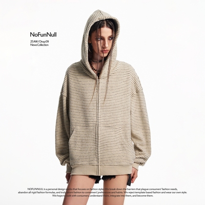 NOFUNNULL美式复古条纹连帽开衫
