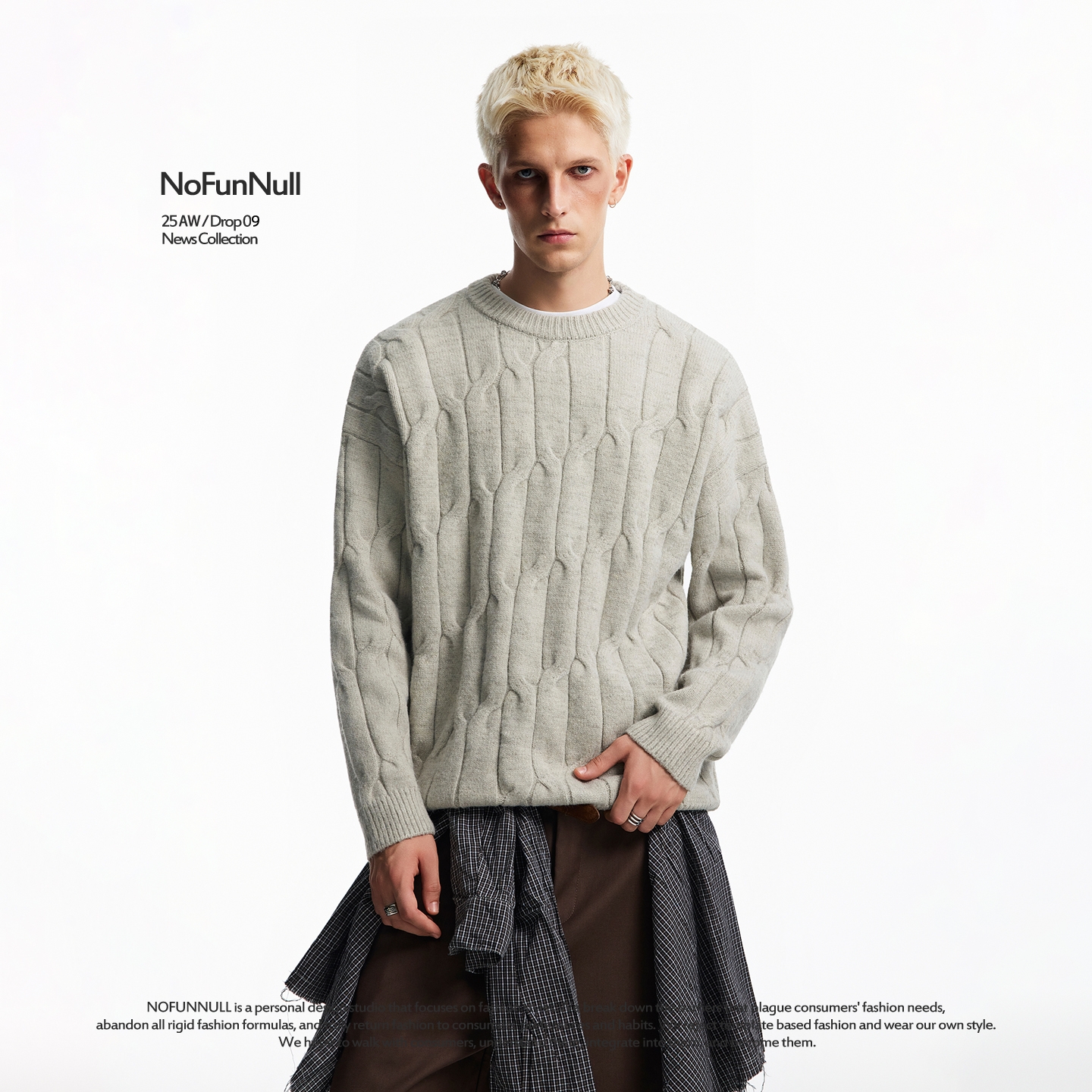 NOFUNNULL美式麻花圆领套头毛衣