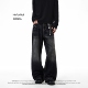 美式 复古水洗猫须牛仔裤 春季 NOFUNNULL 男Cleanfit黑色宽松直筒裤