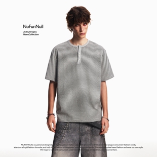 T恤夏季 男女慵懒感宽松休闲上衣 复古条纹亨利领短袖 NOFUNNULL美式