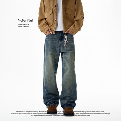 NOFUNNULL 美式cleanfit做旧水洗猫须牛仔裤男秋复古宽松直筒长裤