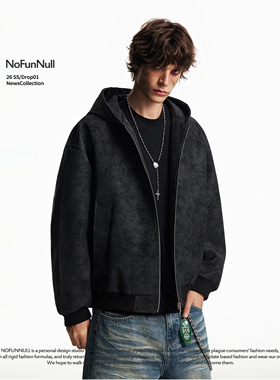 NOFUNNULL 美式大理石暗纹PU皮连帽夹克男女春季设计感开衫外套潮