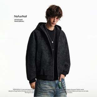 NOFUNNULL 美式大理石暗纹PU皮连帽夹克男女春季设计感开衫外套潮