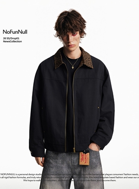 NOFUNNULL 美式复古纯棉豹纹翻领夹克男春季解构拼接短宽工装外套