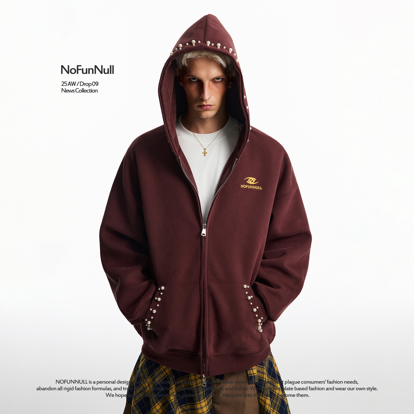 NOFUNNULL400g连帽钉珠开衫卫衣