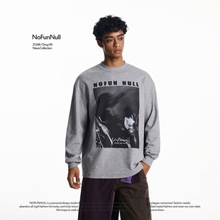 NOFUNNULL美式摇滚乐队复古印花长袖t恤男260g轻氧棉套头打底衫潮