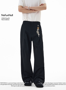 NOFUNNULL 美式高质阔腿解构褶皱弯刀西裤男女通勤宽松休闲裤子潮