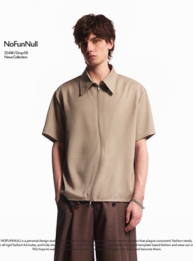NOFUNNULL夏季美式高街vibe拉链短袖衬衫男纯色百搭高级感T恤外套