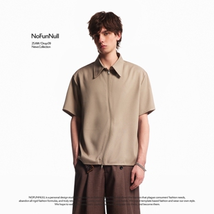 NOFUNNULL夏季美式高街vibe拉链短袖衬衫男纯色百搭高级感T恤外套