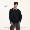 T恤 vibe高质翻领格纹长袖 NOFUNNULL美式 街头假两件撞色卫衣男秋季