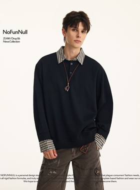 NOFUNNULL美式街头假两件撞色卫衣男秋季vibe高质翻领格纹长袖T恤